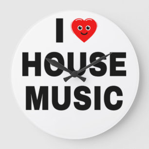 GRANDE HORLOGE RONDE J'AIME LA MUSIQUE HOUSE NOIR POLICE BLANC FOND