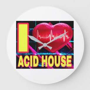 GRANDE HORLOGE RONDE J'AIME LES POLICES DE CARACTÈRES JAUNES ACID HOUSE