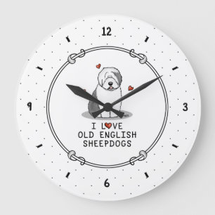 Grande Horloge Ronde J'aime les vieux bergers anglais (Grey 1) mignonne