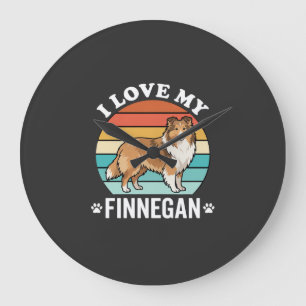 Grande Horloge Ronde J'aime mon Finnegan Sheltie Retro Sunset