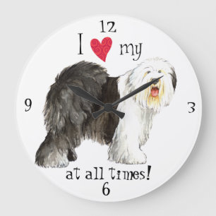 Grande Horloge Ronde J'aime mon vieux chien de berger anglais