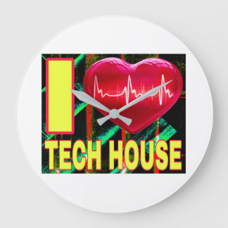 GRANDE HORLOGE RONDE J'AIME TECH HOUSE COEUR ROUGE POLICES JAUNES