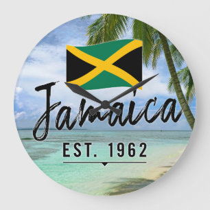 Grande Horloge Ronde "Jamaïque Est. Plage De 1962 Avec Drapeau Jamaïcai