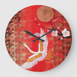 Grande Horloge Ronde Japonaise grue soleil Japon sakura rouge