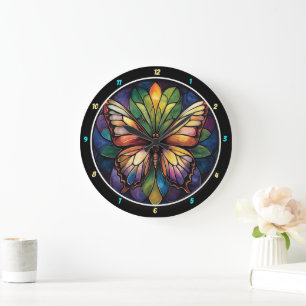 Grande Horloge Ronde Jardin de Kaleidoscope" - Papillon en verre