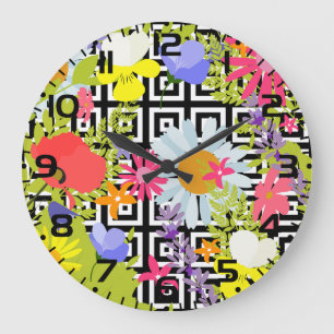 Grande Horloge Ronde Jardin Floral de Fleurs Sauvages sur Motif Géométr