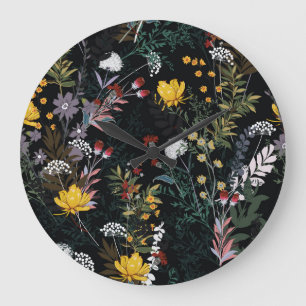 Grande Horloge Ronde Jardin floral foncé : Motif nocturne florissant