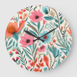 Grande Horloge Ronde Jardin Floral Printanier Élégant et Coloré