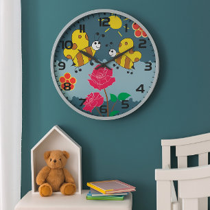 Grande Horloge Ronde Jardin Floral Rose et abeilles