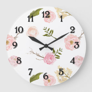 Grande Horloge Ronde Jardin Rose Romantique Fleur Florale Aquarelle