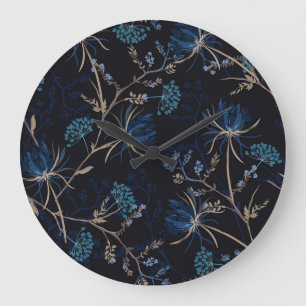 Grande Horloge Ronde Jardin sombre : Floral bleu monotone