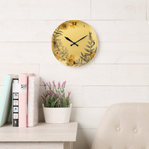 Grande Horloge Ronde Jaune Dandelions Ferns Pays de verdure