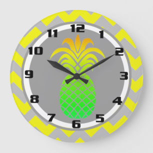 Grande Horloge Ronde Jaune ensoleillé et ananas gris sur motif Chevron