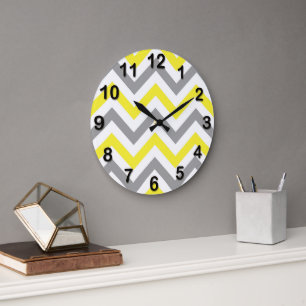 Grande Horloge Ronde Jaune, gris foncé blanc grand motif chevron zigzag