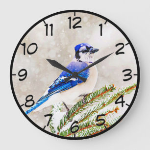 Grande Horloge Ronde Jay bleu dans un pin avec neige