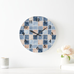 Grande Horloge Ronde Jean bleu en faux denim crème