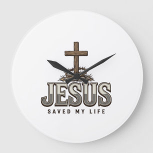 Grande Horloge Ronde Jésus a sauvé ma vie Gravure vintage Design chréti