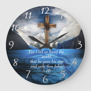 Grande Horloge Ronde Jésus dans l'eau ondulante Jean 3:16