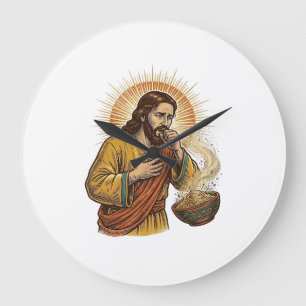 Grande Horloge Ronde Jésus s'étouffant avec un miettes de chips de tort