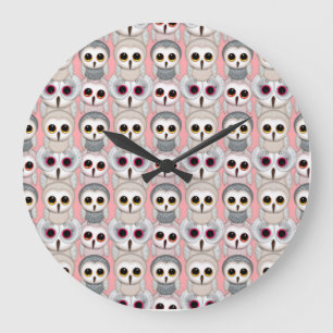 Grande Horloge Ronde Jeunes Hiboux sur Motif Rose