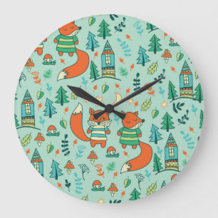 Grande Horloge Ronde Jeunes Renards : Motif sans couture pour enfants.