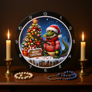 Grande Horloge Ronde Joli Alligator Joyeux Graphique de Noël