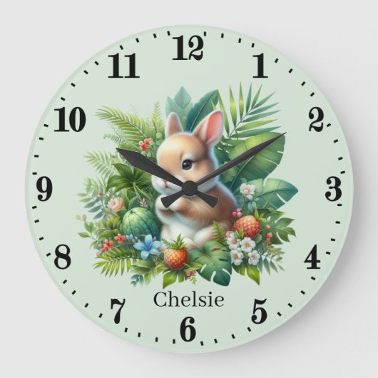 Grande Horloge Ronde Joli bébé lapin ajouter nom (Recto)