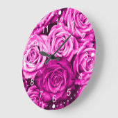 Grande Horloge Ronde Joli Bouquet de fleurs de roses rose Magenta (Angle)