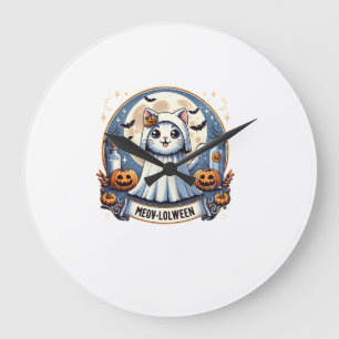 Grande Horloge Ronde Joli chat de Meow-lolween en costume de fantôme Ha