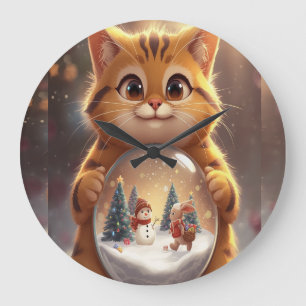 Grande Horloge Ronde Joli Chat de Noël Tenant un Flocon de Neige dans u