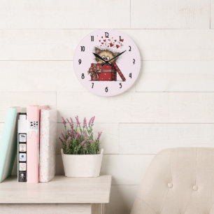 Grande Horloge Ronde Joli chaton de dessin animé avec des cœurs