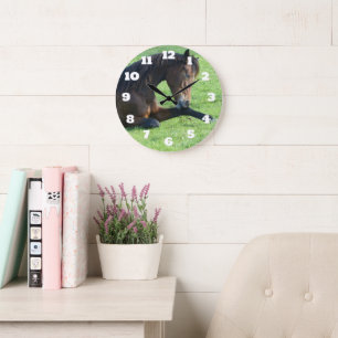 Grande Horloge Ronde Joli Cheval Brown allongé dans l'herbe