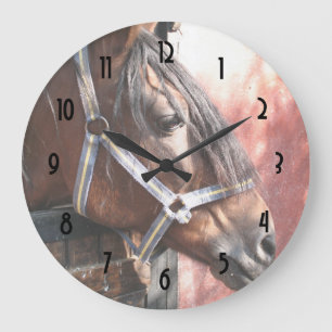 Grande Horloge Ronde Joli cheval de baie dans une écurie ensoleillée