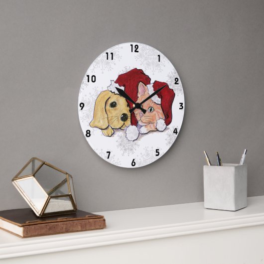 Grande Horloge Ronde Joli chiot Labrador de Noël et chat tigré orange (Bureau)