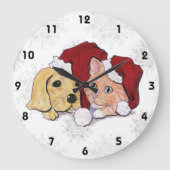 Grande Horloge Ronde Joli chiot Labrador de Noël et chat tigré orange (Recto)