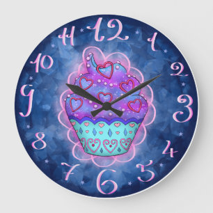 Grande Horloge Ronde Joli cupcake bleu/rose avec des coeurs roses