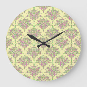 Grande Horloge Ronde Joli damas floral en rose, vert et jaune pâle