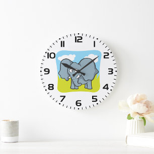 Grande Horloge Ronde Joli dessin éléphant amusant animal de la jungle
