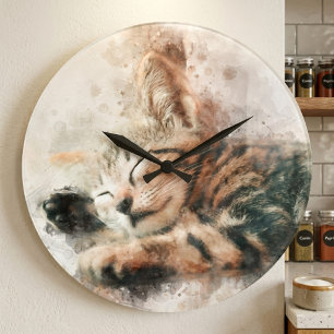 Grande Horloge Ronde Joli et mignon chaton dormant à l'aquarelle