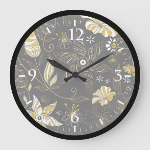 Grande Horloge Ronde Joli motif floral noir doré vintage