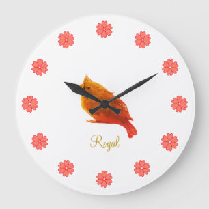 Grande Horloge Ronde Joli Oiseau Royal Rouge & Fleurs
