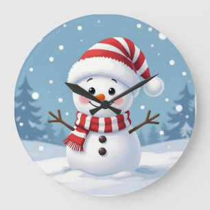 Grande Horloge Ronde Joli petit bonhomme de neige avec écharpe et chape