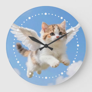 Grande Horloge Ronde Joli Petit Chat Calico Tabby Volant Ciel Bleu