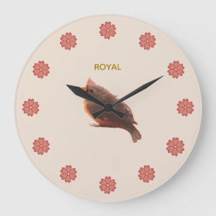 Grande Horloge Ronde Joli petit oiseau et fleurs sur beige