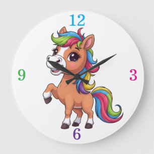 Grande Horloge Ronde Joli Poney Brun Crinière Arc-en-Ciel Enfants Nurse