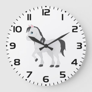 Grande Horloge Ronde Joli poney gris dessin animé cheval fantaisiste