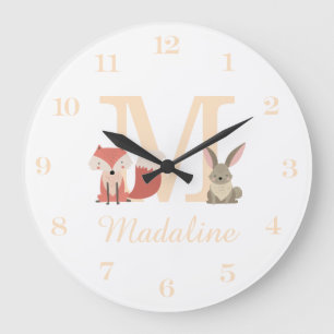 Grande Horloge Ronde Joli Renard Lapin Animaux de la Forêt Monogramme