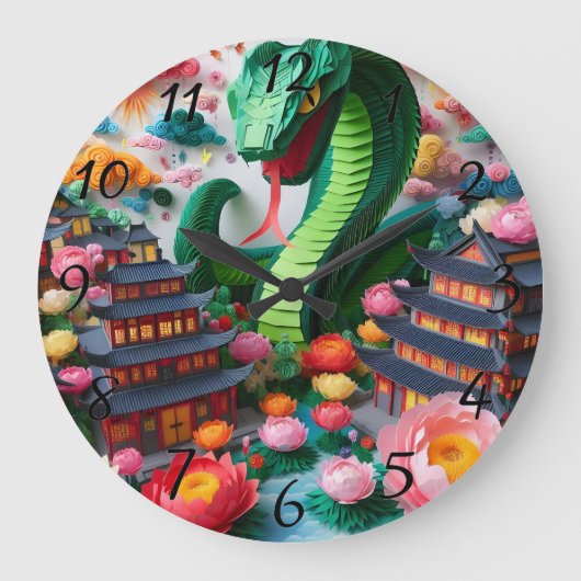 Grande Horloge Ronde Joli serpent du Nouvel An chinois en origami WC5 (Recto)