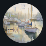 Grande Horloge Ronde Jolie aquarelle Monogramme nautique<br><div class="desc">Cette horloge représente vraiment la vision magique que nous avons des voiliers tranquillement assis dans un port brumeux au petit matin — la paix, le calme et la sérénité du moment. Ajoutez votre monogramme. Appréciez le poster pour vous-même ou en cadeau. Si vous avez des questions, envoyez un conversation ou...</div>