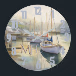 Grande Horloge Ronde Jolie aquarelle Monogramme nautique<br><div class="desc">Cette horloge représente vraiment la vision magique que nous avons des voiliers tranquillement assis dans un port brumeux au petit matin — la paix, le calme et la sérénité du moment. Ajoutez votre monogramme. Appréciez le poster pour vous-même ou en cadeau. Si vous avez des questions, envoyez un conversation ou...</div>